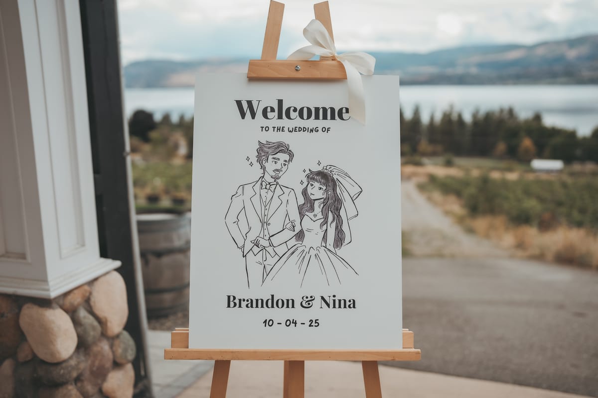 The hand-illustrated Brandon and Nina welcome sign with Okanagan Lake beyond